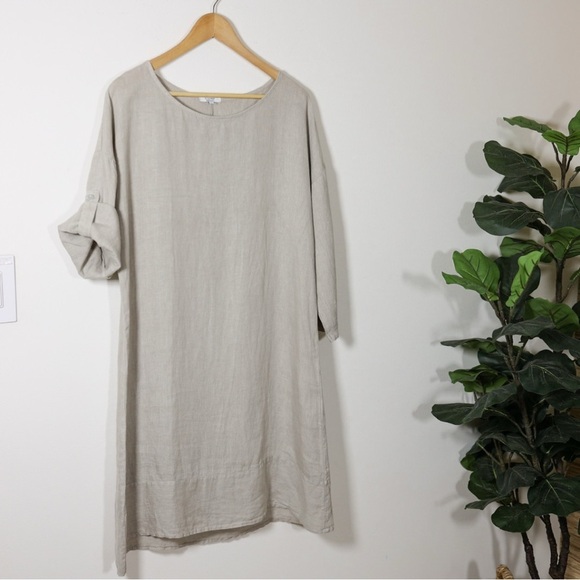 Rosemarine Linen Midi Relaxed Shift Dress Beige Taupe Neutral Minimalist Size M - Picture 2 of 11